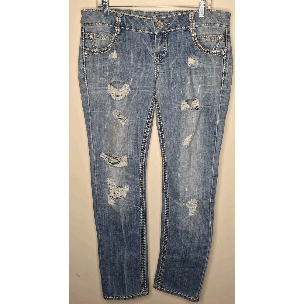 Almost Famous Jeans Women's 13 Blue Distressed Ripped Denim Grunge Punk Rocker